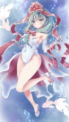 1girl absurdres breasts cleavage cosplay gen_1_pokemon goldeen goldeen_(cosplay) green_hair highleg highleg_leotard highres kagiyama_hina leotard medium_breasts meguri_uguisu misty_(pokemon) misty_(pokemon)_(cosplay) nintendo pokemon pokemon_(anime) pokemon_(classic_anime) pokemon_ep043 touhou white_leotard