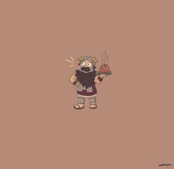 1boy beard brown_background brown_hair brown_theme dungeon_meshi dwarf facial_hair fake_horns fish_food full_body hand_on_own_hip helmet highres holding holding_plate horned_helmet horns long_beard male_focus mustache negative_space notice_lines plate senshi_(dungeon_meshi) smallpapers solo standing steam thick_mustache very_long_beard x_x