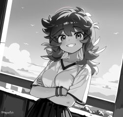 1girl absurdres arms_under_breasts bird blush borrowed_character breasts collarbone crossed_arms day greyscale grin hair_ornament hepari highres long_hair medium_breasts monochrome original outdoors parted_lips pleated_skirt skirt smile solo teeth twitter_username x_hair_ornament