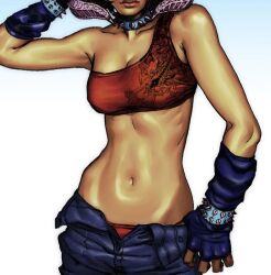 1girl abs blue_gloves blue_pants bracelet breasts choker collarbone commentary crop_top english_commentary eyes_out_of_frame fingerless_gloves gloves goopskully head_out_of_frame jewelry navel open_fly original panties pants panty_peek red_panties red_tube_top simple_background solo spiked_bracelet spiked_choker spikes stomach_focus strapless tube_top underwear unfinished