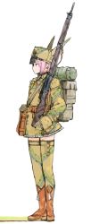 1girl animal_hat backpack bad_id bad_pixiv_id bag black_eyes black_hat bolt_action boots brown_boots camouflage collared_jacket dress female_focus france frilled_dress frills full_body gloves green_gloves green_thighhighs gun gun_sling hat jacket long_sleeves mars_expedition mas-36 military military_uniform multicolored_hat pink_hair profile rifle short_hair simple_background solo strap thighhighs weapon weapon_request white_background y_(khakiyawn) zettai_ryouiki