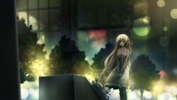 blurry blurry_background bokeh boots bouquet breasts brown_boots building chaos;child crop_top depth_of_field dress floral_print flower frilled_skirt frills frown game_cg grave hair_between_eyes highres kurusu_nono large_breasts leather leather_boots long_hair long_sleeves looking_down night official_art outdoors own_hands_together park petticoat pink_shirt purple_eyes sad sasaki_mutsumi shirt skirt tree v_arms violet_(flower) wavy_hair white_petticoat
