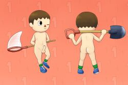 1boy animal_crossing ass bare_back black_eyes brown_hair butterfly_net closed_mouth colored_skin erection from_behind hand_net holding holding_behind_back holding holding_shovel holding_tool male_focus multiple_views naked_footwear naughty_face navel net nintendo nipples nude nuggets penis poses red_background seductive_smile shoes shota shovel smile socks solo_focus standing testicles villager_(animal_crossing) white_skin