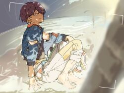1boy arm_cutout arm_on_knee barefoot beach black_shirt blonde_hair blue_jacket blurry blurry_foreground capri_pants chain chain_bracelet closed_mouth cloud collared_jacket cropped_jacket dappled_sunlight ensemble_stars! groin hair_over_one_eye highres holding holding_shoes holding_unworn_clothes jacket knees_up looking_at_viewer multicolored_hair off_shoulder official_alternate_costume on_ground one_eye_covered or_i palm_tree pants purple_hair sand sengoku_shinobu shadow shirt shoes shore short_hair short_sleeves sitting sky smile solo streaked_hair sunlight tree unworn_shoes viewfinder wet white_pants white_sneakers yellow_eyes zipper zipper_pull_tab