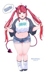 1girl :d absurdres ahoge amu-chan_(kohe_billialot) commentary demon_girl demon_horns demon_tail denim denim_shorts english_text fang full_body grey_shirt highres holding holding_own_hair horns jewelry kohe_billialot light_blush long_hair looking_at_viewer midriff multicolored_hair navel necklace no_shoes open_mouth original red_eyes red_hair shirt shorts signature simple_background smile socks solo standing symbol-only_commentary tail thighs tied_shirt torn_clothes twintails two-tone_shirt white_background white_shirt white_socks wide_sleeves