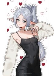 black_dress blush breasts choker commentary covered_erect_nipples covered_navel dress elf english_commentary frieren green_eyes highres inhoso looking_at_viewer outline parted_bangs pointy_ears ponytail small_breasts sousou_no_frieren white_background white_hair white_outline