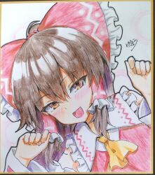 1girl ascot blush bow brown_eyes brown_hair commentary_request detached_sleeves frilled_bow frilled_hair_tubes frills hair_bow hair_tubes hakurei_reimu highres kabi_killer long_hair looking_at_viewer open_mouth red_bow ribbon-trimmed_sleeves ribbon_trim shikishi signature smile solo touhou traditional_media yellow_ascot