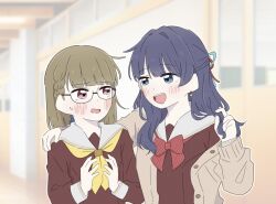 2girls :d alternate_universe blue_ribbon blush bow bowtie braid brown_cardigan brown_dress brown_hair cardigan commentary dollchestra dress earrings eye_contact game_screenshot_background glasses gyaru hair_intakes hair_ribbon hallway hand_on_another&#039;s_shoulder highres holding holding_own_hair indoors jewelry kachimachi_kosuzu kogal link!_like!_love_live! long_sleeves looking_at_another love_live! multiple_girls murano_sayaka neckerchief open_cardigan open_clothes open_mouth raised_inner_eyebrows red_bow red_bowtie red_ribbon ribbon sailor_collar sailor_dress screenshot_background semi-rimless_eyewear side_braids single_off_shoulder smile star_(symbol) star_earrings sweatdrop symbol-only_commentary under-rim_eyewear upper_body virtual_youtuber white_sailor_collar yellow_neckerchief zueka27