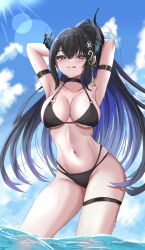 1girl :q absurdres arms_up asymmetrical_horns bikini black_bikini black_choker black_hair blue_sky breasts choker cleavage cloud cowboy_shot day demon_horns highres hololive hololive_english horns large_breasts long_hair looking_at_viewer mole mole_under_eye navel nerissa_ravencroft outdoors ponytail sky solo strap_gap sunlight swimsuit thigh_strap tongue tongue_out uneven_horns varo_006 very_long_hair virtual_youtuber