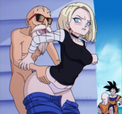 1boy 1girl age_difference aged_up android_18 angry animated animated_gif ass bald blonde_hair blue_eyes blush bouncing_breasts bra breasts cheating_(relationship) clenched_teeth clothed_sex dragon_ball dragonball_z earrings hands_on_another&#039;s_hips highres jewelry kuririn kyde muten_roushi netorare older_man_and_younger_girl outdoors rape sex sex_from_behind son_goku stealth_sex struggling sweat sweatdrop teeth underwear