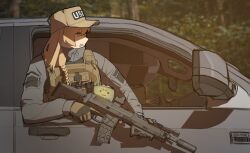 Rule 34 | 1girl, ahoge, assault rifle, baseball cap, blonde hair, blue eyes, braid, bulletproof vest, car, claymore (mine), explosive, gloves, gugyun (gugyun 00), gun, hair between eyes, hat, holding, holding gun, holding weapon, indie virtual youtuber, jacket, load bearing vest, long hair, long sleeves, mine (weapon), motor vehicle, open mouth, rifle, tactical clothes, virtual youtuber, weapon, whiskey project