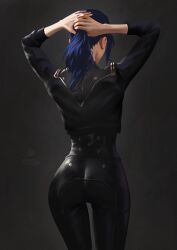 1girl arcane:_league_of_legends ass black_jacket black_pants blue_hair brown_background caitlyn_(league_of_legends) cowboy_shot fei_hai from_behind gradient_background highres jacket league_of_legends long_hair pants solo