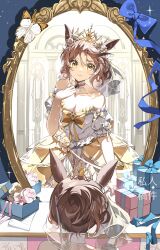 1girl animal_ears bare_shoulders breasts brown_hair cleavage dress flower gift guobaorou hair_ornament highres horse_ears horse_girl horse_tail looking_at_viewer medium_breasts mirror official_alternate_costume original reflection smile solo tail tiara wedding_dress white_dress yellow_eyes