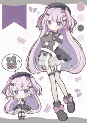 1girl absurdres aobahosino bare_shoulders black_boots black_dress black_hat blush_stickers boots bow chibi closed_mouth collared_dress commentary_request dress footwear_bow full_body furrowed_brow garter_straps grey_bow grey_thighhighs grid_background hair_bow hair_ribbon hat highres holding holding_stuffed_toy long_hair looking_at_viewer neck_ribbon open_mouth original purple_bow purple_eyes purple_hair purple_ribbon ribbon spoken_object standing stuffed_animal stuffed_toy tears teddy_bear thighhighs two_side_up v-shaped_eyebrows white_background