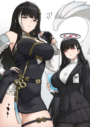 2girls ? baizhi_(wuthering_waves) bare_shoulders bbk_(13zk) black_dress black_gloves black_hair black_jacket black_pantyhose black_skirt blue_archive breasts bright_pupils closed_mouth commentary_request cowboy_shot dress flower gloves green_eyes hair_flower hair_ornament halo hand_on_own_hip hand_up highres holding holding_tablet_pc id_card jacket large_breasts long_hair looking_at_viewer multicolored_hair multiple_girls pantyhose partially_fingerless_gloves red_eyes rio_(blue_archive) shirt simple_background skirt streaked_hair suit_jacket tablet_pc tacet_mark_(wuthering_waves) thigh_strap thighs very_long_hair white_background white_pupils white_shirt wuthering_waves you&#039;tan_(wuthering_waves)