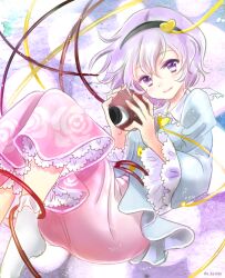 1girl black_hairband blouse blue_shirt blush breasts buttons closed_mouth commentary_request dot_nose eyeball floating_hair floral_print foot_out_of_frame frilled_shirt_collar frills hair_between_eyes hair_ornament hairband hajike_akira hands_up heart heart_button heart_hair_ornament highres knees_up komeiji_satori lace-trimmed_petticoat light_smile long_skirt long_sleeves looking_at_viewer pink_skirt purple_eyes purple_hair shirt short_hair simple_background skirt small_breasts socks solo stenciled_rose third_eye touhou traditional_media wide_sleeves