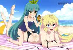 2girls absurdres aizawa_azusa barefoot copyright_name copyright_notice highres looking_at_viewer magazine_scan megami_magazine multiple_girls official_art sandra_(slime_taoshite_300_nen) satou_haruka_(animator) scan slime_taoshite_300_nen_shiranai_uchi_ni_level_max_ni_nattemashita