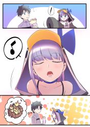 ! 1boy 1girl animal_hood bad_id bad_twitter_id bird black_hair chick choker comic crepe fate/grand_order fate_(series) food fujimaru_ritsuka_(male) highres hood long_sleeves meltryllis meltryllis_(fate) meltryllis_(swimsuit_lancer)_(fate) meltryllis_(swimsuit_lancer)_(first_ascension)_(fate) mentaiko_mamire musical_note nest open_mouth penguin_hood purple_hair sleeves_past_fingers sleeves_past_wrists spoken_musical_note