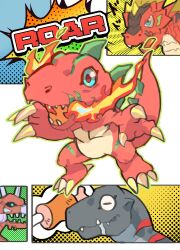 Rule 34 | 765 nanami, agumon (black), agumon (black) x-antibody, blue eyes, bone, claws, closed eyes, digimon, digimon (creature), dinomon, fire, food, horns, meat, robot, rusttyranomon, sharp teeth, teeth, tyranomon