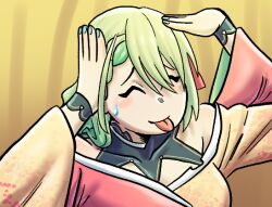 1girl ah_eto..._bleh_(meme) breasts ceres_fauna closed_eyes green_hair green_nails hololive hololive_english large_breasts meme scene_reference solo solo_focus spriggantweet sweat sweatdrop tongue tongue_out virtual_youtuber