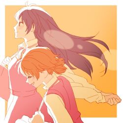 Rule 34 | 2girls, 55bata6rou, ahoge, bag, black hair, blush, border, closed eyes, closed mouth, collared shirt, dress, from side, happy, highres, holding hands, holding strap, koito yuu, long hair, long sleeves, looking ahead, low twintails, multiple girls, nanami touko, open mouth, orange hair, outside border, pinafore dress, profile, school bag, school uniform, shirt, short hair, short twintails, sidelighting, sleeveless, sleeveless dress, smile, tohmi higashi high school uniform, twintails, walking, white border, white shirt, yagate kimi ni naru, yellow background, yuri