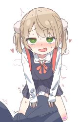 1boy 1girl bandaid bandaid_on_leg blonde_hair blush bulge crotch_rub dress erection erection_under_clothes heart heart-shaped_pupils hetero highres indie_virtual_youtuber loli looking_at_viewer open_mouth panties pinafore_dress pov pov_crotch shigure_ui_(vtuber) shigure_ui_(vtuber)_(young) sleeveless sleeveless_dress symbol-shaped_pupils underwear virtual_youtuber white_panties youyoukai