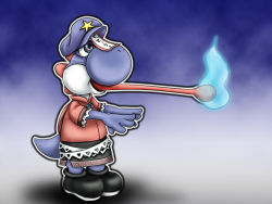 alternate_color blue_eyes blue_fire blue_skin colored_skin cosplay crossover fire fire full_body fusion gradient_background hat hitodama jiangshi long_tongue mario_(series) miyako_yoshika miyako_yoshika_(cosplay) name_connection nintendo no_humans ofuda outstretched_arms parody pun solo star_(symbol) tk8d32 tongue tongue_out touhou yoshi zombie_pose