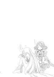 2girls bad_id bad_pixiv_id breasts circlet closed_eyes core_crystal_(xenoblade) dress elbow_gloves fingerless_gloves full_body gloves greyscale large_breasts long_hair medium_hair mizuki_riko monochrome multiple_girls mythra_(xenoblade) open_mouth pyra_(xenoblade) simple_background swept_bangs white_background xenoblade_chronicles_(series) xenoblade_chronicles_2 xenoblade_chronicles_2:_torna_-_the_golden_country