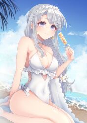 Rule 34 | 1girl, anchor ornament, beach, blue sky, blush, breasts, casual one-piece swimsuit, choker, cleavage, cloud, cowboy shot, cross-laced clothes, cross-laced one-piece swimsuit, cross-laced slit, cutout above navel, day, earrings, flower, food-themed earrings, food themed earrings, frilled one-piece swimsuit, frills, grey hair, hair flower, hair ornament, hairband, highleg, highleg one-piece swimsuit, highres, jewelry, kantai collection, lemon earrings, long hair, looking at viewer, medium breasts, nagi kantai114, o-ring, o-ring swimsuit, ocean, one-piece swimsuit, outdoors, purple eyes, sagiri (kancolle), sagiri (swimsuit) (kancolle), sand, shawl, side-tie swimsuit, sky, smile, solo, swimsuit, water, white choker, white one-piece swimsuit, white shawl