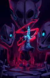 1boy arm_up artist_name bone borrowed_clothes empty_eyes fangs full_body gasterblaster glowing glowing_eyes grin hand_in_pocket heterochromia hood hoodie male_focus nurinaki open_mouth red_scarf sans_(undertale) scarf sharp_teeth shirt shorts skeleton slippers smile solo spoilers teeth undertale unzipped white_shirt