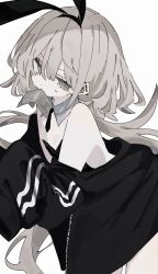 Rule 34 | 1girl, amlle 66, banknote, bare shoulders, black hairband, black jacket, collar, grey hair, hairband, highres, jacket, leotard, long hair, money, mouth hold, original, playboy bunny, simple background, solo, white background, white collar