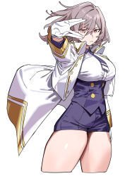 Rule 34 | 1girl, absurdres, blue eyes, breasts, closed mouth, corset, gloves, grey hair, gridman universe, hair between eyes, haruyuki (gffewuoutgblubh), highres, jacket, large breasts, looking at viewer, military jacket, mujina, necktie, purple corset, purple necktie, purple shorts, red eyes, revision, short hair, short necktie, shorts, simple background, skindentation, solo, ssss.gridman, thick thighs, thighs, underbust, v-shaped eyebrows, white background, white gloves, white jacket
