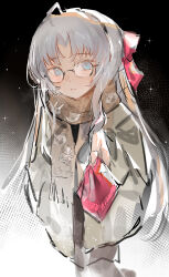 1girl absurdres alternate_costume bespectacled blue_eyes bow brown_jacket brown_scarf carlotta_(wuthering_waves) closed_mouth commentary_request glasses hair_bow highres jacket long_hair looking_at_viewer milbi parted_bangs pink_bow print_scarf scarf sketch solo white_hair wuthering_waves