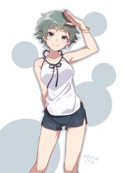 1girl :3 absurdres arm_behind_back arm_up bare_shoulders black_shorts blue_eyes bracelet breasts closed_mouth collarbone commentary_request dolphin_shorts feet_out_of_frame green_hair highres jewelry large_breasts looking_at_viewer manimani_(mani_ma) monogatari_(series) oikura_sodachi shirt short_hair short_shorts shorts sleeveless sleeveless_shirt smile solo standing white_shirt zoku_owarimonogatari