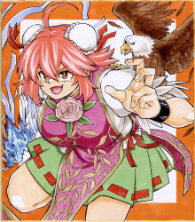 1girl :d absurdres ahoge bald_eagle bandaged_arm bandages bird breasts bun_cover commentary_request double_bun eagle fang fingernails flower foot_out_of_frame green_skirt hair_between_eyes hair_bun highres ibaraki_kasen kanda_(touhou) large_breasts leaning_forward looking_afar matsuri_kyuuta open_mouth orange_background orange_eyes pink_flower pink_hair pink_rose puffy_short_sleeves puffy_sleeves ribbon-trimmed_skirt ribbon_trim rose shikishi shirt short_hair short_sleeves skirt smile solo touhou v-shaped_eyebrows white_shirt
