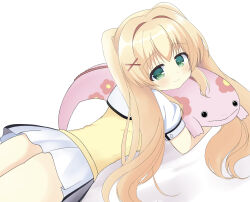 Rule 34 | 1girl, absurdres, ass, blonde hair, blush, closed mouth, commentary, cowboy shot, dutch angle, from side, green eyes, hair between eyes, hair intakes, hair ornament, highres, holding, holding stuffed toy, long hair, looking at viewer, lying, miniskirt, naca (chocolat tiara), on stomach, sailor collar, school uniform, serafuku, shirt, sidelocks, simple background, skirt, smile, solo, stuffed animal, stuffed toy, summer pockets, summer pockets school uniform, sweater vest, tsumugi wenders, twintails, white background, white sailor collar, white serafuku, white shirt, white skirt, x hair ornament, yellow sweater vest