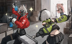 Rule 34 | 1boy, 2girls, absurdres, anby demara, angry, billy kid, black gloves, black pants, black skirt, broom, bucket, clenched teeth, dodo (yatotoyatoto), fingerless gloves, gloves, hair between eyes, headphones, highres, holding, holding broom, holding bucket, indoors, jacket, long hair, looking at another, mask, multiple girls, nicole demara, pants, pink hair, red jacket, short hair, skirt, teeth, zenless zone zero