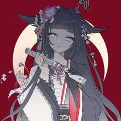 Rule 34 | 1girl, absurdres, animal ears, arknights, black hair, blue eyes, chest sarashi, chinese commentary, closed mouth, commentary request, eyeliner, flower, fuuuuuy, hair flower, hair intakes, hair ornament, highres, holding, holding weapon, long hair, long sleeves, looking at viewer, makeup, mio (arknights), pink flower, red background, red eyeliner, sarashi, shaded face, sheath, solo, unsheathing, upper body, weapon, wide sleeves
