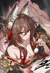 1girl animal_ear_fluff animal_ears bare_shoulders blush breasts brown_dress brown_hair brown_hanfu brown_kimono calligraphy calligraphy_brush dress evzeva fox_ears fox_girl fox_tail green_eyes hair_between_eyes holding holding_calligraphy_brush holding_paintbrush honkai:_star_rail honkai_(series) ink japanese_clothes jewelry kimono kitsune kyuubi large_breasts long_hair looking_at_viewer multiple_tails paintbrush pink_tail red_nails solo tail tingyun_(honkai:_star_rail)