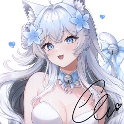 1girl :3 ahoge animal_ear_fluff animal_ears bare_shoulders bell blue_bow blue_choker blue_eyes blue_flower blush bow breasts cat_ears cat_girl cat_tail choker cleavage commentary commission crescent_choker crossed_bangs ella_7737 fangs flower hair_between_eyes hair_flower hair_ornament heart highres large_breasts long_hair looking_at_viewer mole mole_on_breast mole_under_eye neck_bell open_mouth original signature simple_background smile solo tail tail_bell tail_bow tail_ornament upper_body white_background white_hair