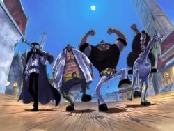 4boys beard black_hair doc_q facial_hair fat fat_man gun handgun hat horse jaya jesus_burgess lowres male_focus marshall_d._teach mask moon multiple_boys night night_sky one_piece open_clothes open_shirt pirate pistol riding shirt sky stronger_(one_piece) van_augur walking weapon