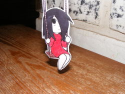 alma_wade black_hair dress f.e.a.r. hair_over_one_eye long_hair paper_child paper_craft papercraft red_dress swing