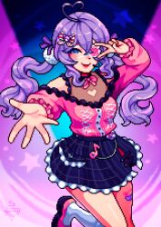 1girl absurdres ahoge artist_name aseprite_(medium) bandaid bandaid_on_leg blue_background blue_eyes breasts commentary eighth_note english_commentary eyepatch heart heart_ahoge highres indie_virtual_youtuber long_hair looking_at_viewer medium_breasts musical_note open_mouth pink_background pixel_art purple_hair sidelocks skirt smile solo splendiferachie star_(symbol) twintails v v_over_eye virtual_youtuber yumykon