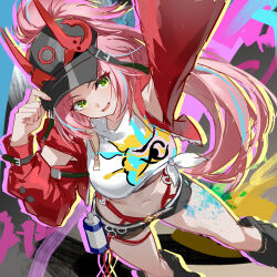 Rule 34 | 1girl, aqua hair, black hat, black leg warmers, black shorts, breasts, chinese commentary, commentary request, crop top, cropped jacket, dutch angle, evzeva, from above, green eyes, hat, highres, honkai: star rail, honkai (series), horned hat, jacket, large breasts, leg warmers, long hair, looking at viewer, looking up, midriff, multicolored hair, navel, open mouth, paint splatter, pink hair, ponytail, rappa (honkai: star rail), red jacket, shirt, short shorts, shorts, solo, streaked hair, tied shirt, two-tone hair, white shirt