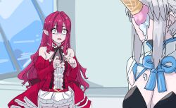 2girls baobhan_sith_(fate) baobhan_sith_(first_ascension)_(fate) bare_shoulders detached_sleeves dress fate/grand_order fate_(series) food food_on_face frilled_dress frills grey_eyes hands_up highres ice_cream ice_cream_on_face morgan_le_fay_(fate) morgan_le_fay_(first_ascension)_(fate) mother_and_daughter multiple_girls niwaikanai open_mouth pink_hair pointy_ears red_dress sidelocks turn_pale white_background wide-eyed