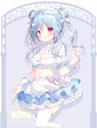 1girl :d apron blue_hair blue_skirt blush bow breasts cleavage commentary dog_hair_ornament double_bun frilled_apron frills gradient_hair grey_background hair_between_eyes hair_bun hair_ornament hairclip hand_up heart heart_hair_ornament highres long_hair looking_at_viewer medium_breasts multicolored_hair navel open_mouth original pink_hair purple_bow red_eyes shiratama_(shiratamaco) skirt smile solo striped_clothes striped_skirt thighhighs twintails vertical-striped_clothes vertical-striped_skirt waist_apron white_apron white_thighhighs wrist_cuffs