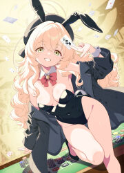 1girl alternate_costume animal_ear_hairband animal_ears bare_legs bare_shoulders beret black_hairband black_hat black_jacket black_leotard black_shoes blonde_hair blue_archive bow bowtie breasts by_yo_shi card covered_navel crossed_bangs detached_collar fake_animal_ears fingernails fluffy_hair green_eyes grin hair_between_eyes hairband halo hand_up hat highleg highleg_leotard highres holding holding_card jacket knee_up leotard loli long_hair long_sleeves medium_breasts off_shoulder open_clothes open_jacket playboy_bunny playing_card poker_chip poker_table professor_niyaniya_(blue_archive) rabbit_ear_hairband rabbit_ears red_bow red_bowtie shoes smile solo strapless strapless_leotard table teeth thighs tilted_head very_long_hair wrist_cuffs yellow_halo