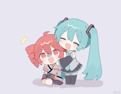2girls ahoge belt black_belt black_boots black_skirt black_sleeve_cuffs black_sleeves black_thighhighs blue_hair blue_necktie blush boots buttons chibi chibi_only closed_eyes collared_shirt detached_sleeves double-breasted drill_hair full_body grey_background grey_jacket grey_shirt hair_between_eyes hatsune_miku highres hug hug_from_behind jacket kasane_teto kasane_teto_(sv) kneehighs lace-up_boots layered_sleeves long_hair long_sleeves looking_at_another meroharome multiple_girls necktie open_mouth pleated_skirt red_hair red_socks red_trim scared seiza shirt shoulder_belt side_drill sitting skirt sleeveless sleeveless_shirt socks synthesizer_v thighhighs twintails utau very_long_hair vocaloid wing_collar