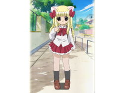 Rule 34 | 1girl, animal ears, blonde hair, bow, brown loafers, brown shoes, cat ears, hair bow, loafers, outdoors, pita ten, red bow, red skirt, school uniform, serafuku, shirt, shoes, skirt, socks, tagme, tree, uematsu koboshi, white shirt, white socks