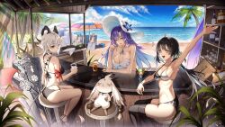 5girls alternate_costume bare_arms bare_back bare_legs bare_shoulders beach bikini black_bikini black_hair black_thighhighs blonde_hair blue_eyes blue_flower blue_hair blush breasts camellya_(wuthering_waves) cantarella_(wuthering_waves) cleavage cleavage_cutout clothing_cutout commentary_request crossed_legs female_rover_(wuthering_waves) flower from_behind from_side hair_between_eyes hat hat_flower highres horns korean_commentary large_breasts long_hair looking_at_viewer multiple_girls ocean on_stool one-piece_swimsuit open_mouth purple_hair red_eyes rover_(wuthering_waves) sandals shorekeeper_(wuthering_waves) short_twintails sidelocks sitting swimsuit tail the_card thighhighs twintails waving_hands white_bikini white_hair white_hat white_one-piece_swimsuit wuthering_waves zani_(wuthering_waves)